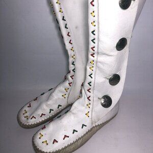 Vintage Beaded White Leather Moccasin Boots with Conchos